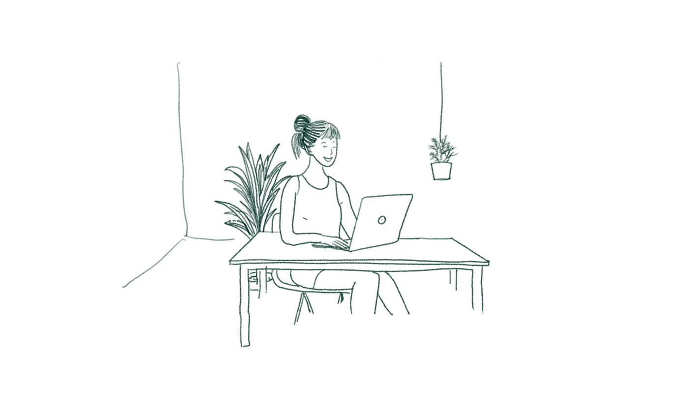 Illustratie van een vrouw die achter een laptop haar verticale tuin ontwerpt
