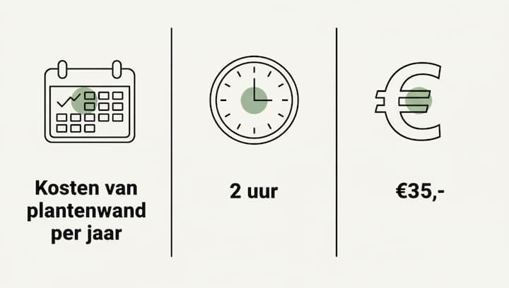 Kosten van een plantenwand per jaar: 2 uur onderhoud en 35 euro