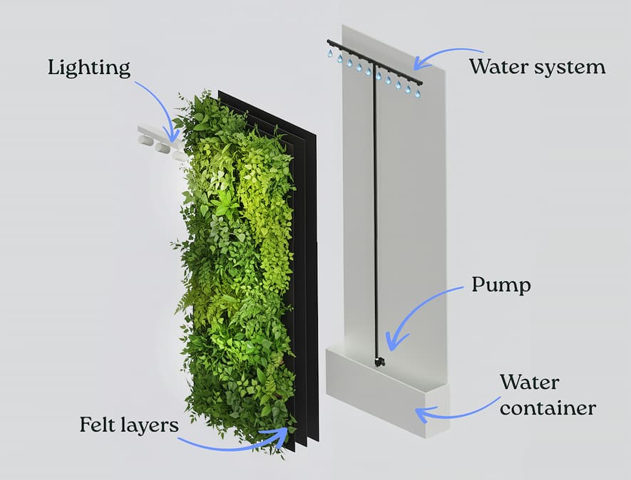 Vertical garden with a water system and reservoir