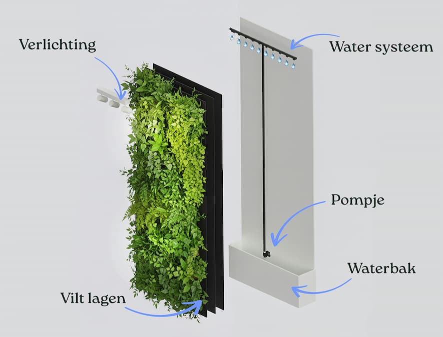 Verticale tuin met watersysteem en waterbak